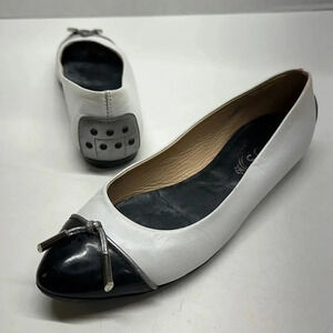 Tod's Ballet Flat Shoes Leather Slip On Black White Tassel Designer Size 36 6